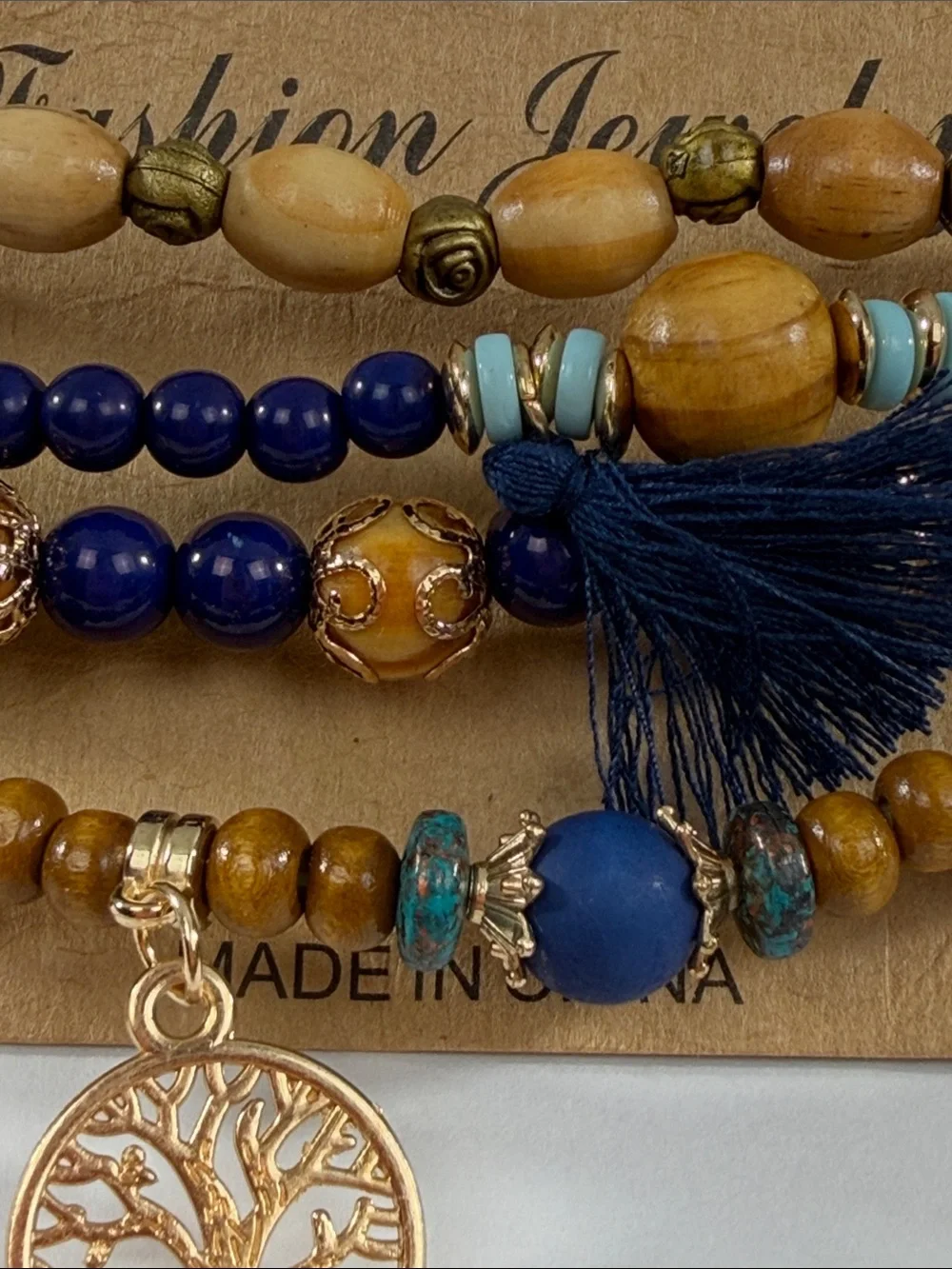 Fashion Jewelry Navy and Brown Beaded Bracelet Stack with Tree Charm